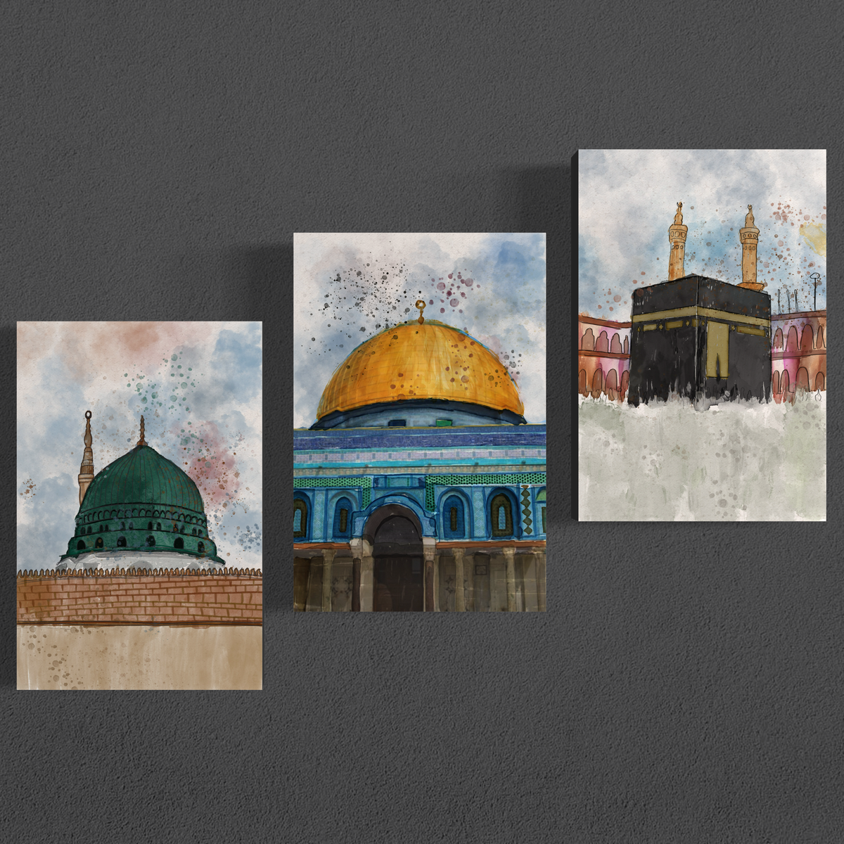 Makkah, Madinah and Masjid Al-Aqsa watercolour, set of 3 Islamic canvas prints – view 2