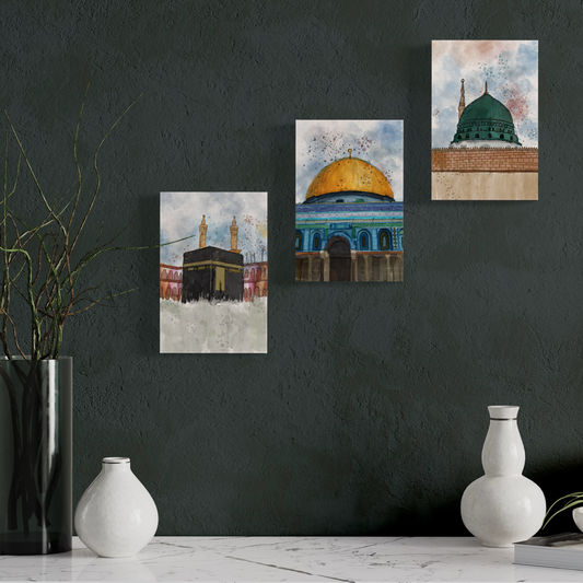 Set of 3 canvases Makkah, Medina and Masjid Al Aqsa Watercolor painting on canvas - Islamic modern Wall Art Print on canvas