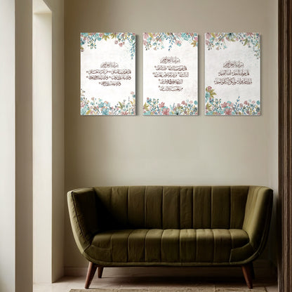 Set of 3 canvases Modern floral art print on canvas- 3 Quls - Islamic modern Wall Art Print on canvas
