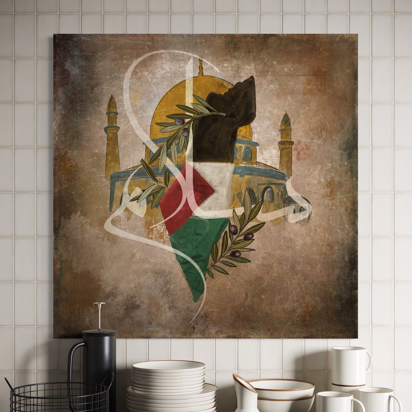 Rooted Resistance: Palestine Map & Al-Aqsa mosque, olive leaves - Canvas Print |Islamic Wall Art Prints | Canvas | Framed Photo  Prints | Floating frame canvas