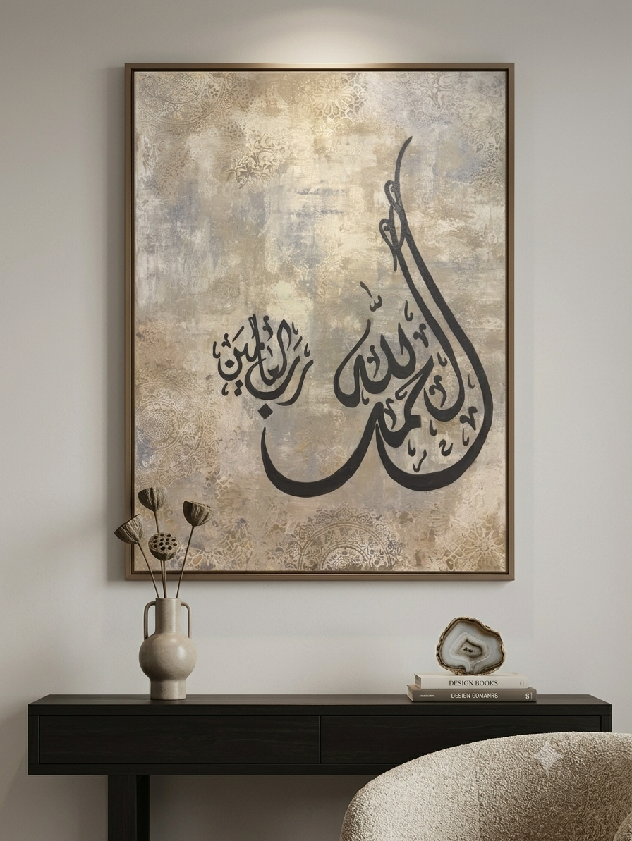 Hand painted Islamic Wall Art - Alhamdhu lillahi Rabbil Aalameen - Stretched canvas painting
