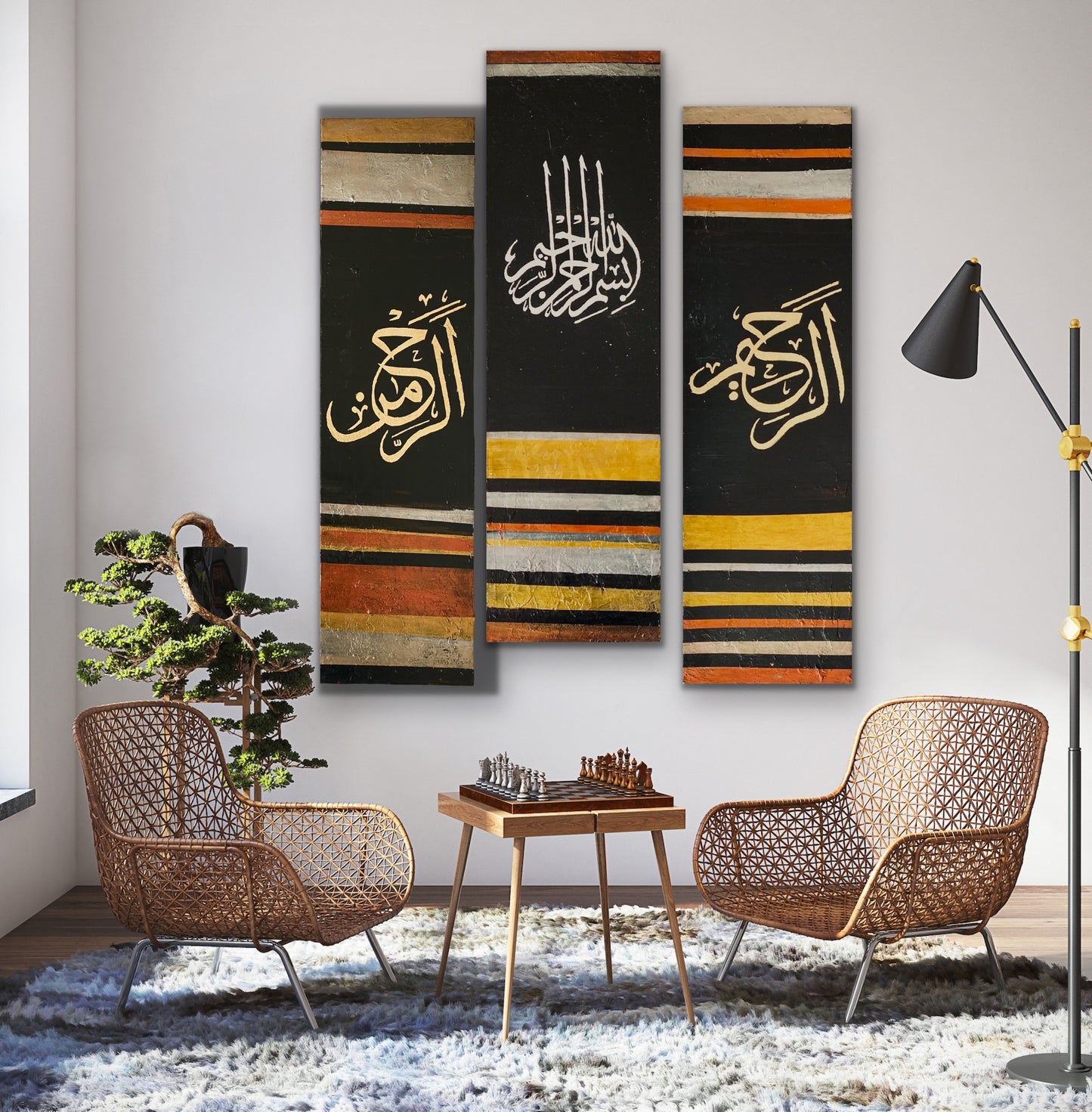 Bismillah Islamic Wall Art | Set of 3 canvases | Black, Gold, silver and bronze. #2118